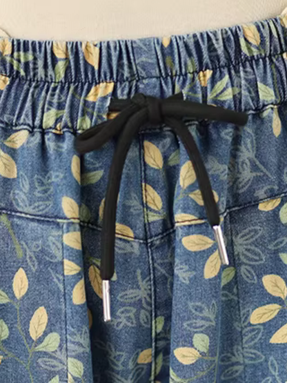Floral Denim Cotton Palazzo Pants with Pockets, Elegant Wide-Leg Trousers