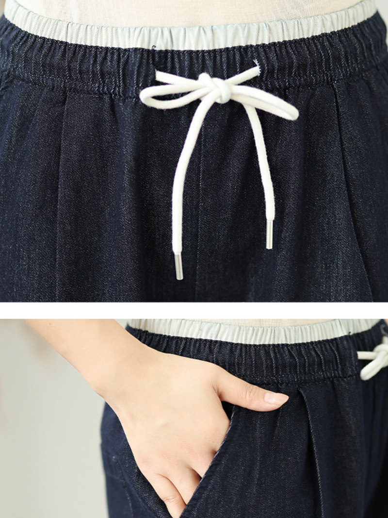 Chic Relaxed Wide-Leg Denim Cotton Pants with Drawstring Waistband for Women