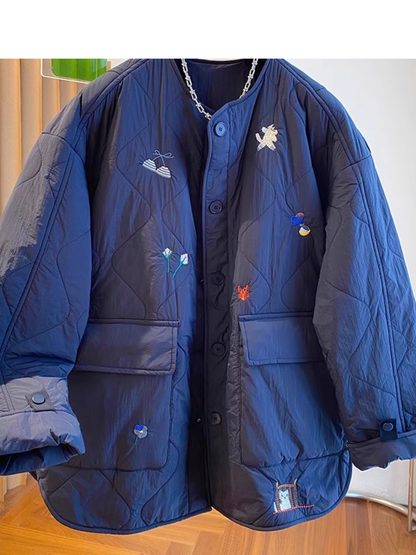 Chic Quilted Jacket, Embroidered Oversized Silhouette with Patch Pockets, Cotton-Poly