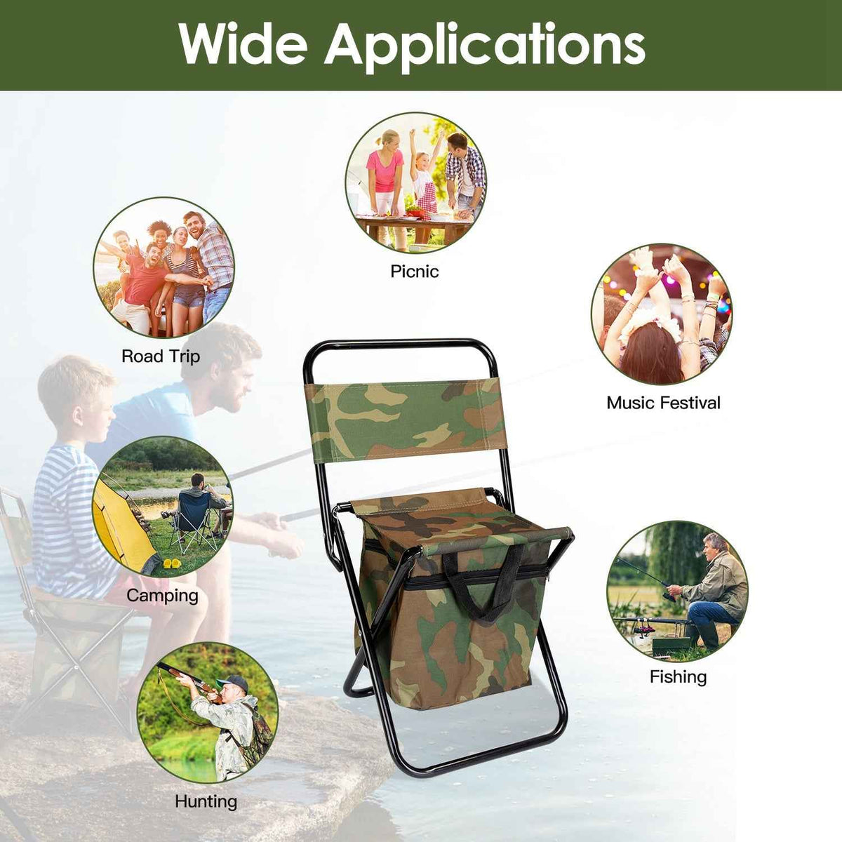 Foldable Fishing Chair with Backrest & Built-In 10L Cooler Bag