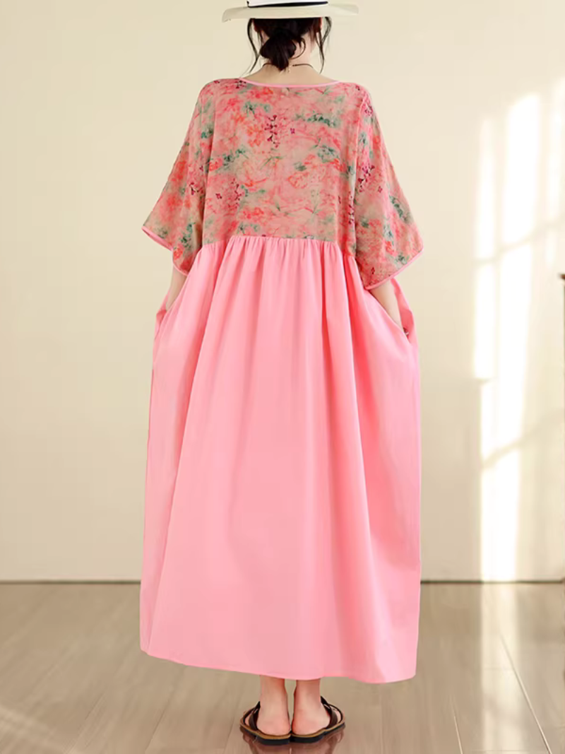 Floral Kimono-Top V-Neck Maxi Dress in Viscose Blend Chic Silhouette