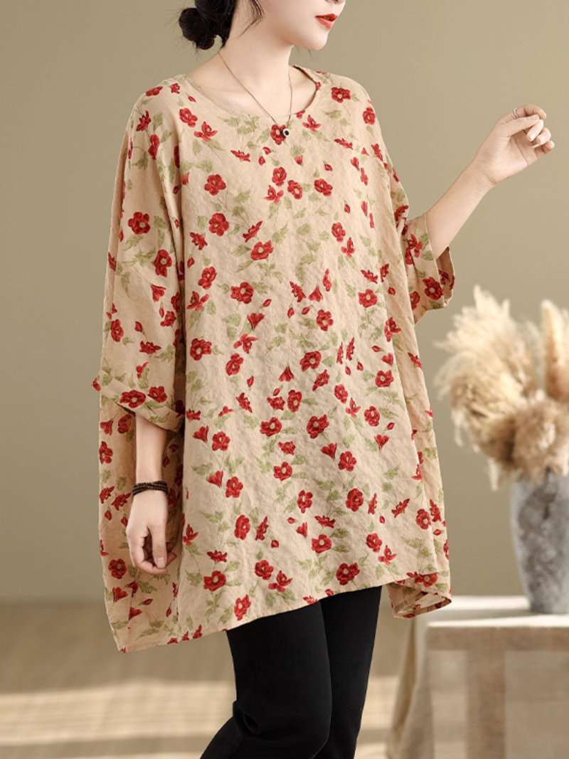 Artful Floral Tunic Blouse in Cotton&Flax with Batwing Draping