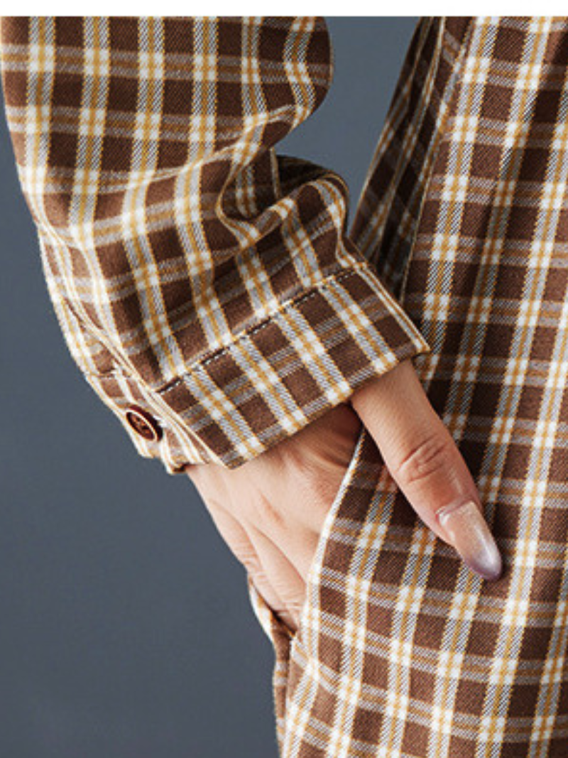 Gingham Cotton-Linen Midi Shirt Dress with Pockets and Gentle Volume
