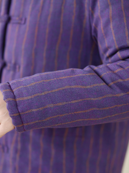 Heritage-inspired striped cotton jacket with mandarin collar, elegant women's outerwear