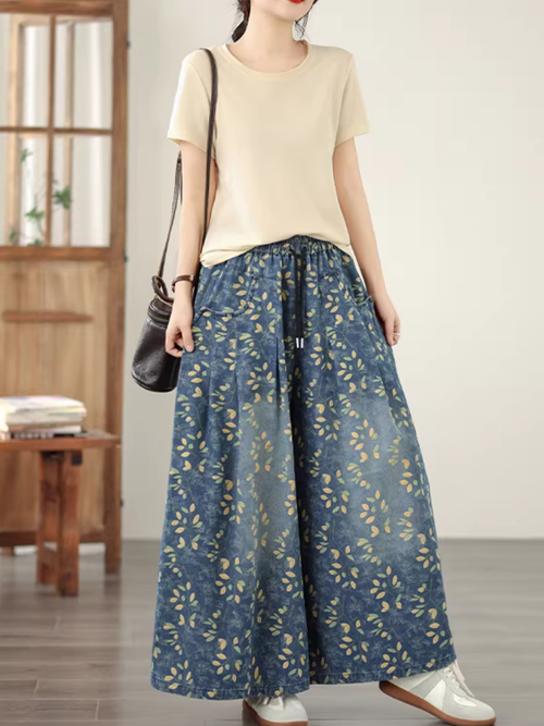 Floral Denim Cotton Palazzo Pants with Pockets, Elegant Wide-Leg Trousers