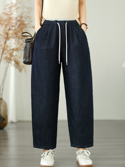 Chic Relaxed Wide-Leg Denim Cotton Pants with Drawstring Waistband for Women