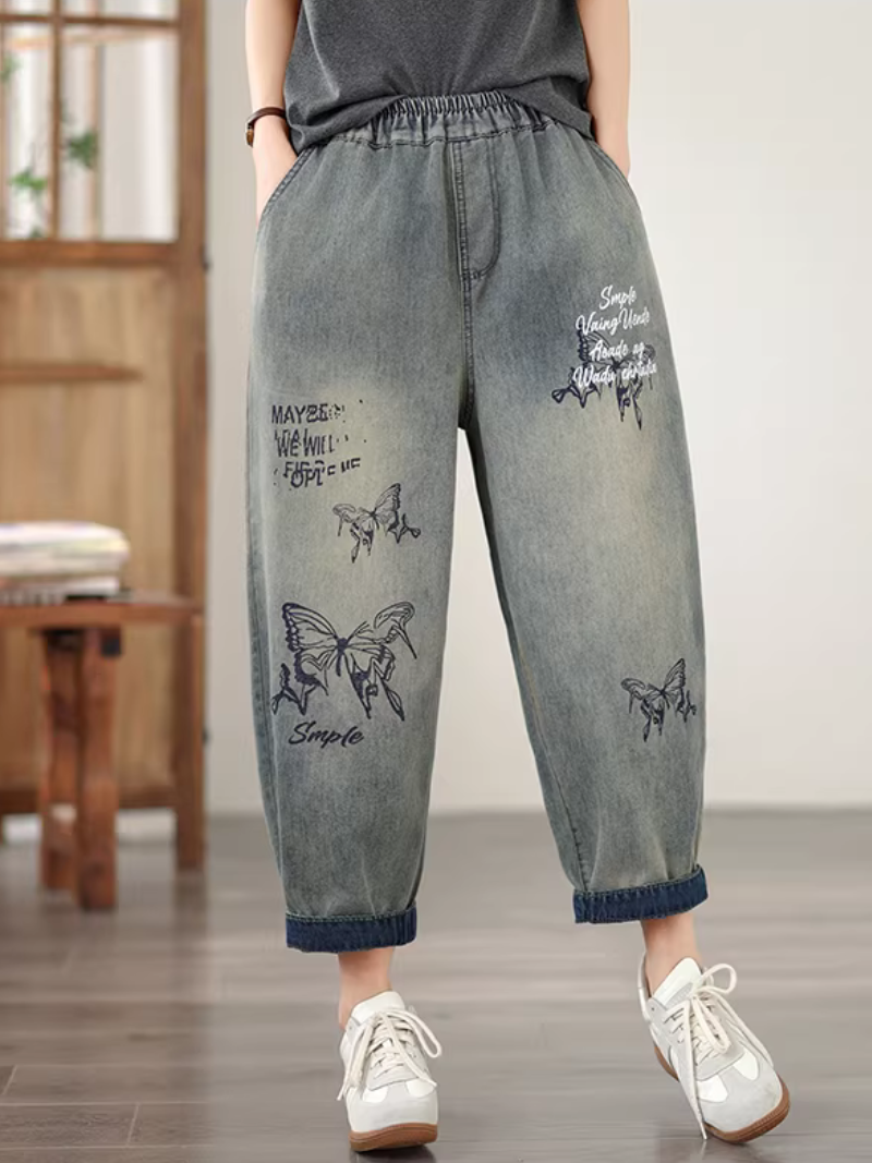Artsy Butterfly Print Relaxed Denim Pants with Elastic Waist Cropped Hem