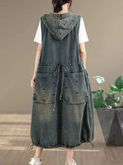 Hooded Denim Dress in Cotton, Pinafore Silhouette with Oversized Pockets