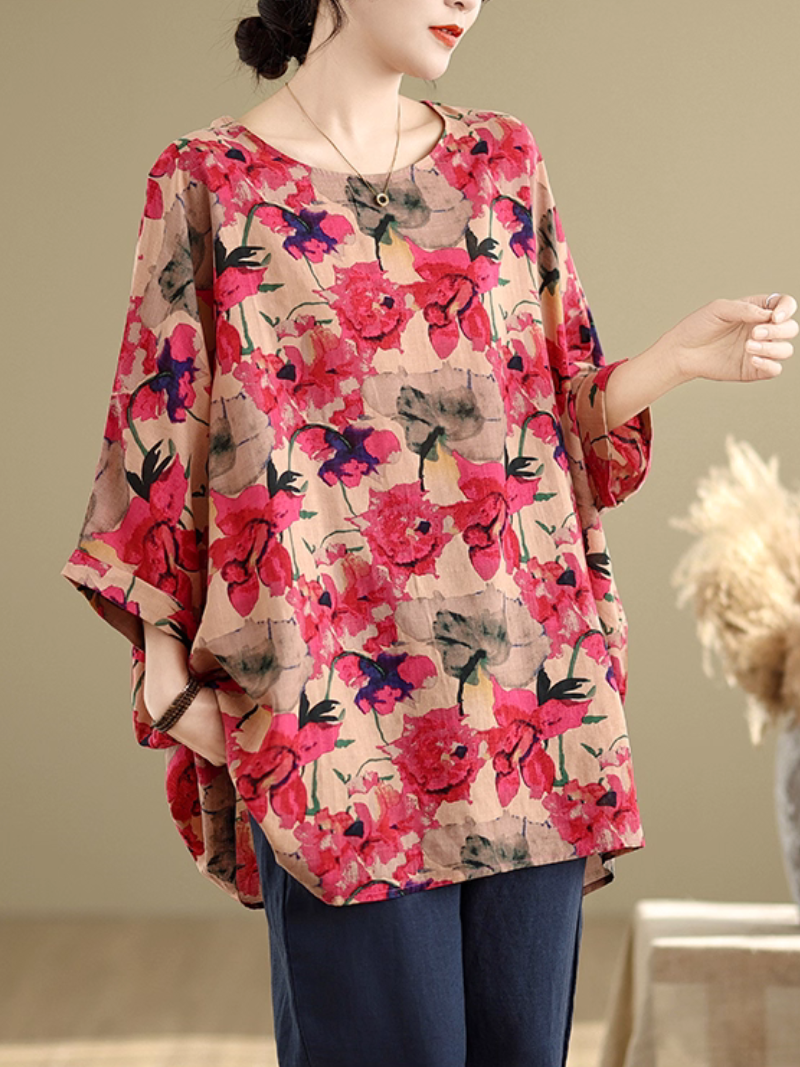 Artful Floral Tunic Blouse in Cotton&Flax with Batwing Draping