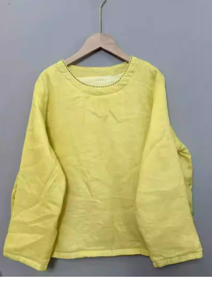Minimal Long-Sleeve Cotton Blouse with Round Neckline, Effortless Women’s Top