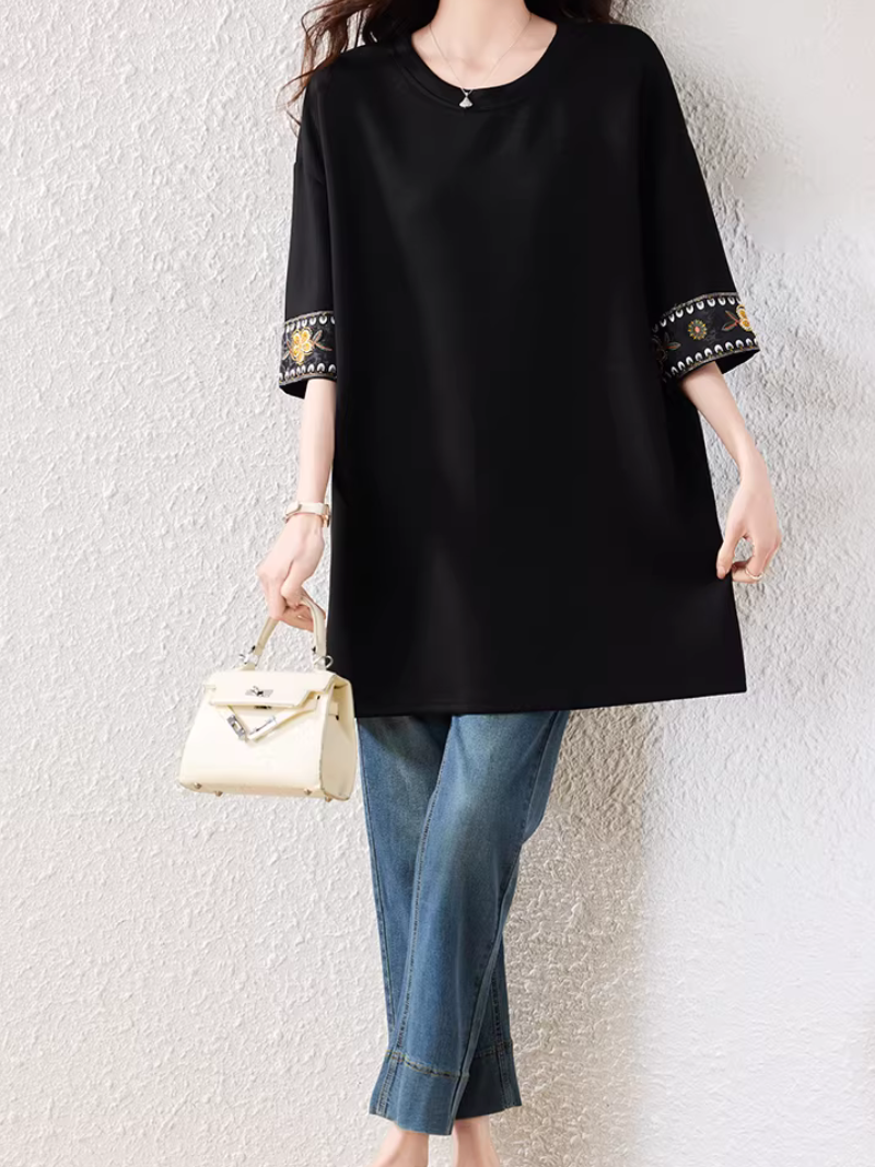 Embroidered Sleeve A-Line Tunic Top for Effortless Chic Everyday Style