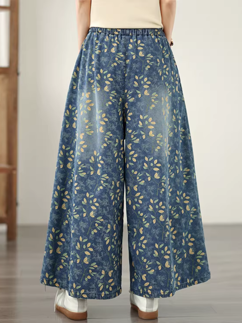 Floral Denim Cotton Palazzo Pants with Pockets, Elegant Wide-Leg Trousers