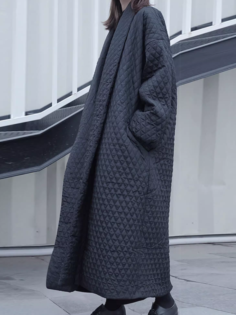 Oversized Quilted Duster Coat in Minimal Silhouette, Luxe Winter Essential