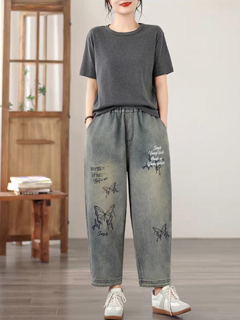 Artsy Butterfly Print Relaxed Denim Pants with Elastic Waist Cropped Hem