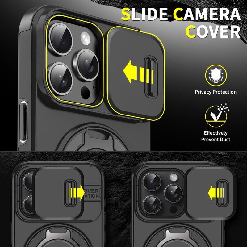 Case with Slide Camera Cover & Rotatable Ring Kickstand,  Grade Shockproof Protective Case for iPhone 11/12/13/14/15/16/17 Series