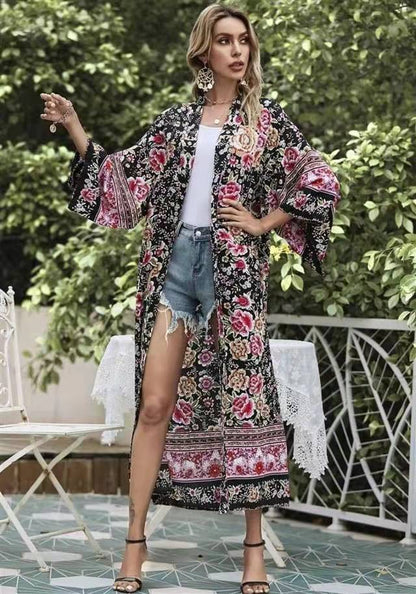 Partywear Floral Print Black Color Cotton Long Length Gown Kimono Duster