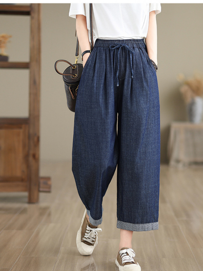 Chic Cotton Wide-Leg Pants, Cropped Drawstring Trousers for Effortless Style