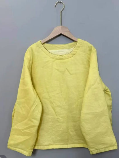 Minimal Long-Sleeve Cotton Blouse with Round Neckline, Effortless Women’s Top