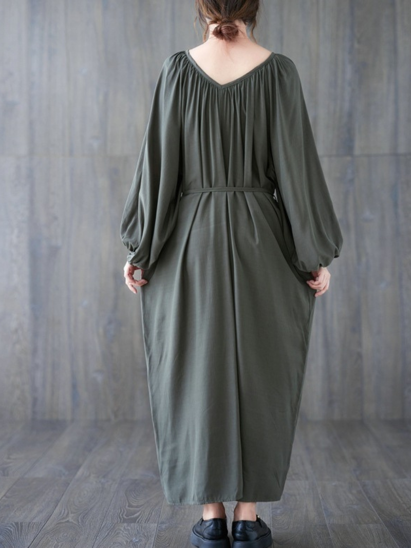 Gathered Neck Viscose Maxi Dress with Belt and Bishop Sleeves
