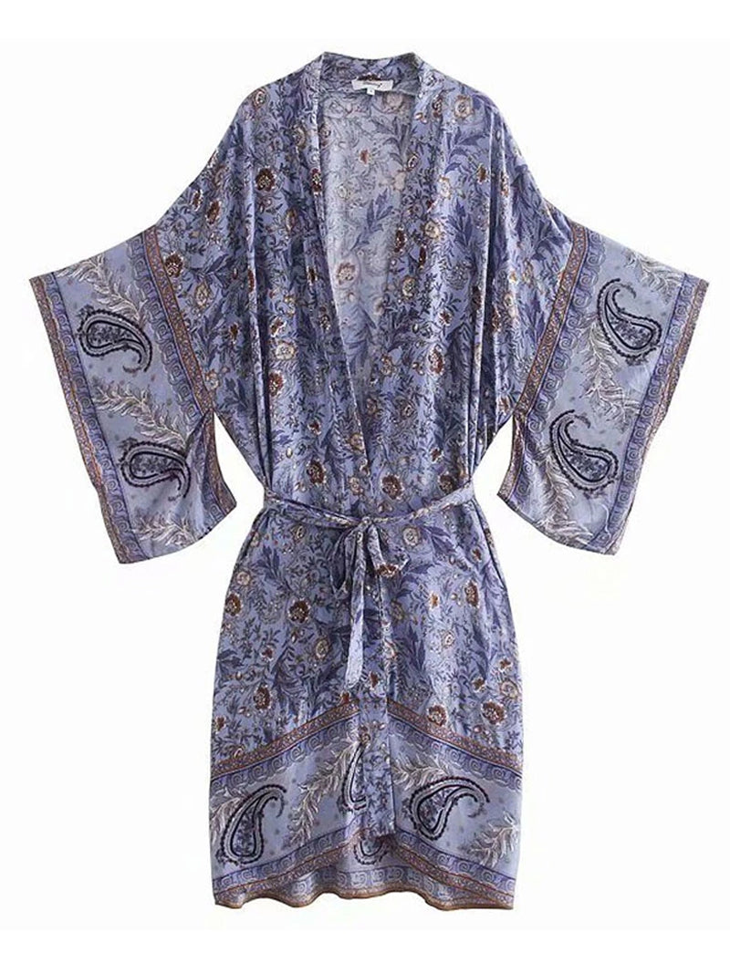 Partywear Floral With Birds Print Purple Color Cotton Long Length Gown Kimono Duster Robe