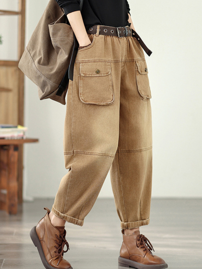 High-Waist Denim Cotton Cargo Pants with Belt, Relaxed Barrel Leg