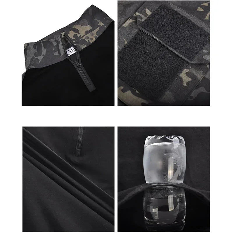 Black Camo Training Set Mens Half Zip Combat Tops Waterproof Tactical Suit Elastic Multiple Pockets Quick Drying 3-pcs