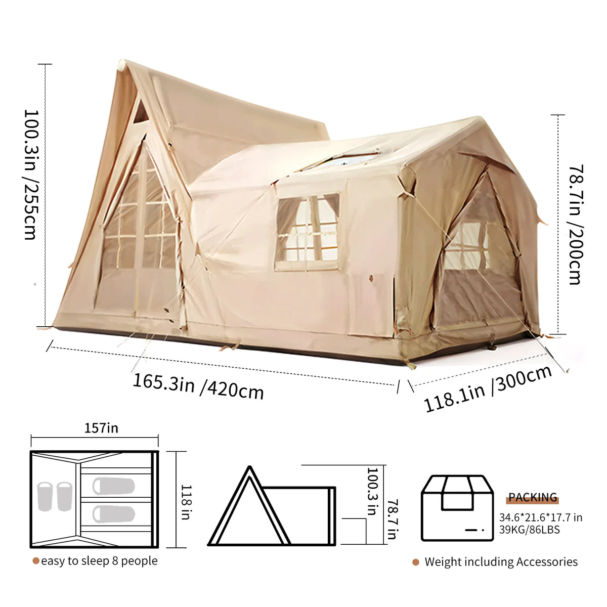 Large Inflatable Cabin Tent – 8-10 Person, 135 SQFT, 5-Min Setup, 4-Season, Waterproof