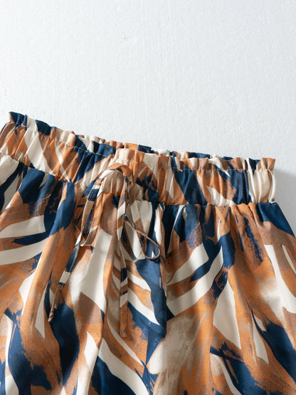 Women Casual Shorts Boho Abstract Print High Waist Ruffled Hem Drawstring Waist Flowy A Line Spring Summer Beach Vacation Shorts