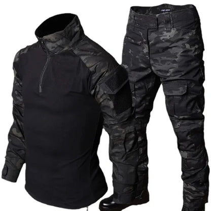 Black Camo Training Set Mens Half Zip Combat Tops Waterproof Tactical Suit Elastic Multiple Pockets Quick Drying 3-pcs