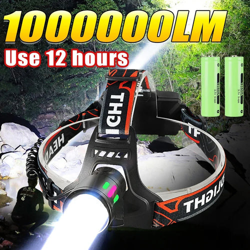 Rechargeable LED Headlamp 1000000LM Head LED Front Flashlight Most Powerful Long Range Headlight Outdoor Fishing Camping Lights