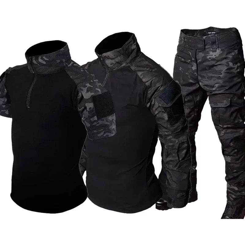 Black Camo Training Set Mens Half Zip Combat Tops Waterproof Tactical Suit Elastic Multiple Pockets Quick Drying 3-pcs