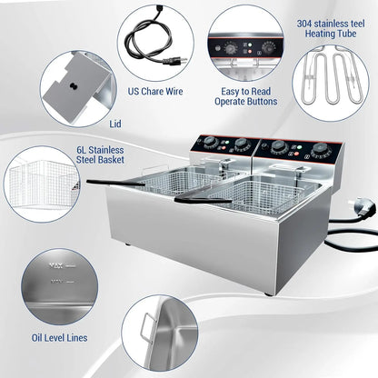 Commercial Electric Deep Fryer with Baskets Stainless Steel Adjustable Temperature Deep Fryer for Restaurant and Home