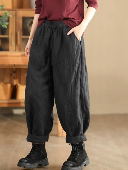 Artisan Cotton&Flax Relaxed Lantern Trousers – Women's Harem Pants with Pockets