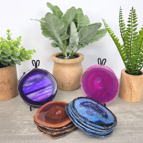 Agate Slice Handmade Coaster Set 3-4" (Pink, Purple, Blue, Natural, Black, Teal)