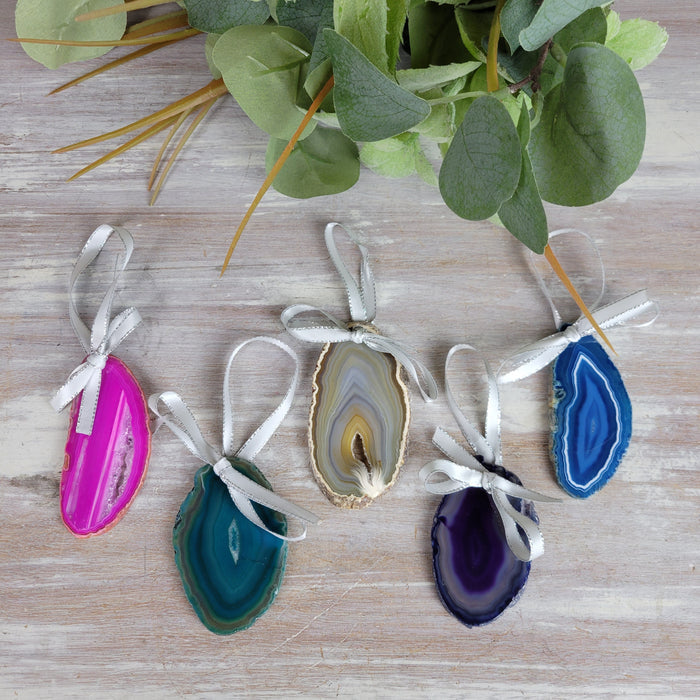 Agate Slice Ornament 3.5" with Ribbon - Pink Blue, Purple, Natural, Teal