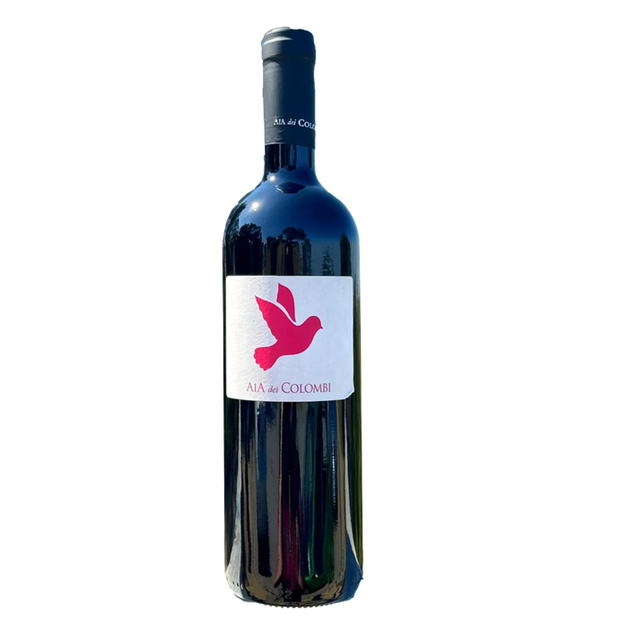 Aia dei Colombi Aglianico wine bottle, dark glass with blue cap and label