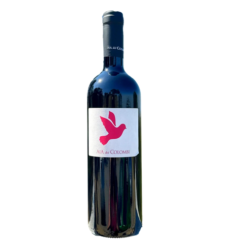 Aia dei Colombi Aglianico wine bottle, dark glass with blue cap and label