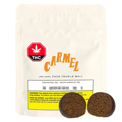 Front-facing pouch of Carmel Animal Face Temple Ball with a red THC symbol and two round brown temple balls shown at the base.