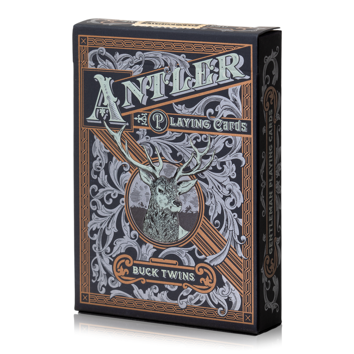 Playing card box with deer design and 'Antler' branding.