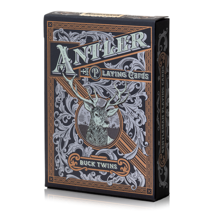 Playing card box with deer design and 'Antler' branding.