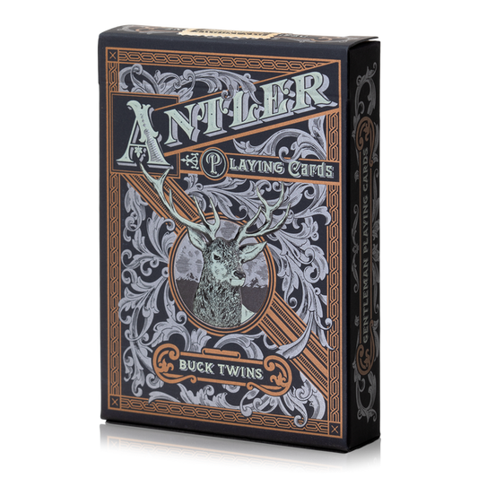 Playing card box with deer design and 'Antler' branding.