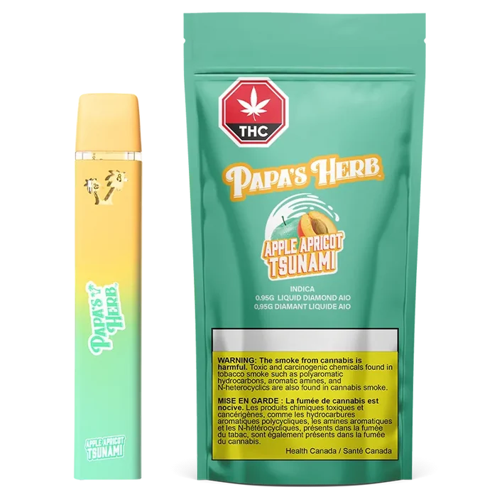 Studio-lit front view of a turquoise pouch and matching yellow-green vape showing the Apple Apricot Tsunami Liquid Diamond Cartridge branding.