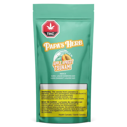 Front-facing shot of the Papa's Herb Apple Apricot Tsunami Liquid Diamond Cartridge pouch on a teal background with a prominent THC symbol and yellow warning box.
