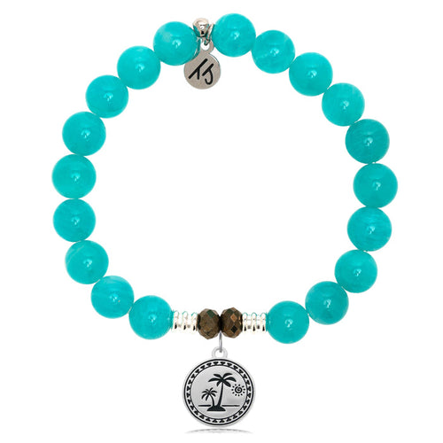 Aqua Amazonite Stone Bracelet with Palm Tree Sterling Silver Charm