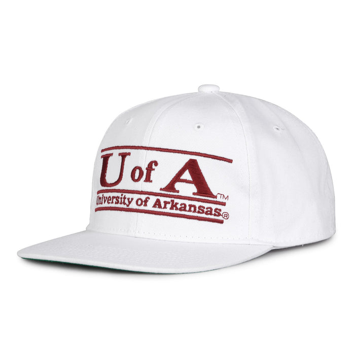 Arkansas Retro Bar snapback hat in white, angled view