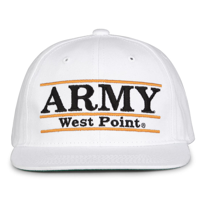 Army Retro Bar snapback hat in white, front view