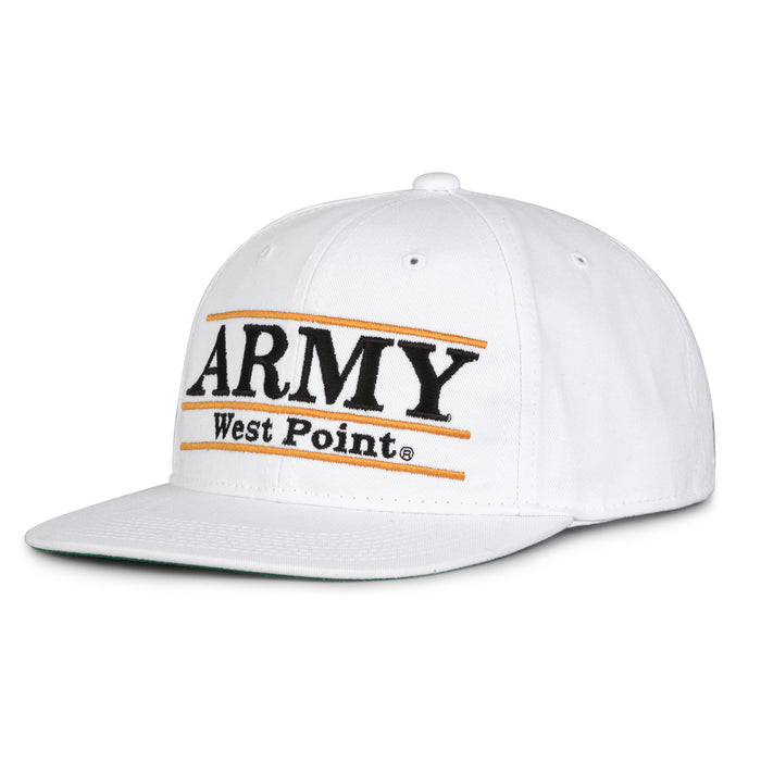 Army Retro Bar snapback hat in white, angled view