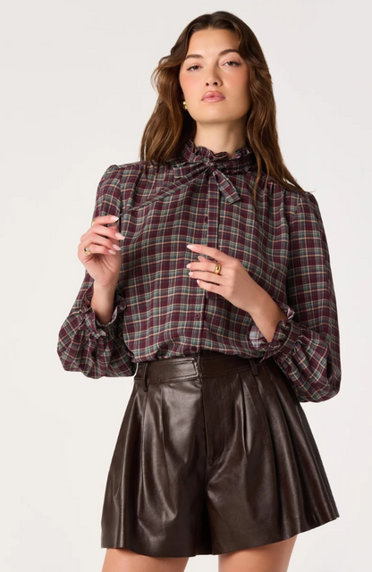 ASTR the Label Alyssa Eggplant Plaid Blouse Tops in XS at Wrapsody
