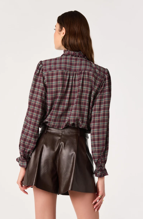 ASTR the Label Alyssa Eggplant Plaid Blouse Tops in at Wrapsody