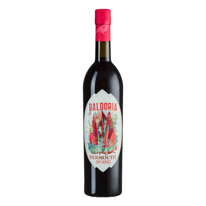 Baldoria Dry Rosso Vermouth bottle with red cap and front label